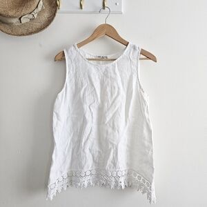 Terzo Millennio Italian White Lace Trim Sleeveless Tank Top 100% Linen, Medium